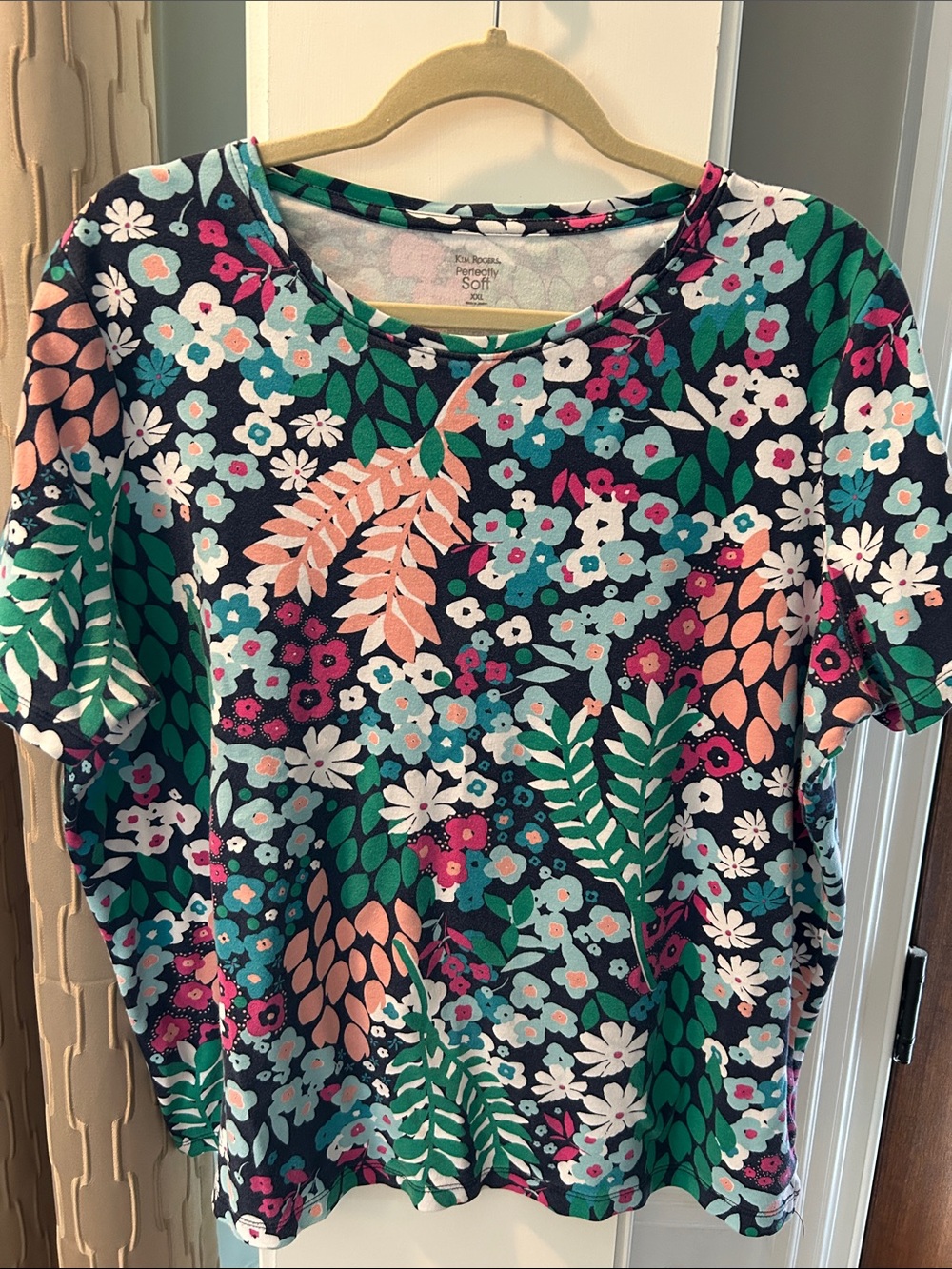 Kim Rogers Navy Floral Short Sleeve Tee with Teal, Pink & White